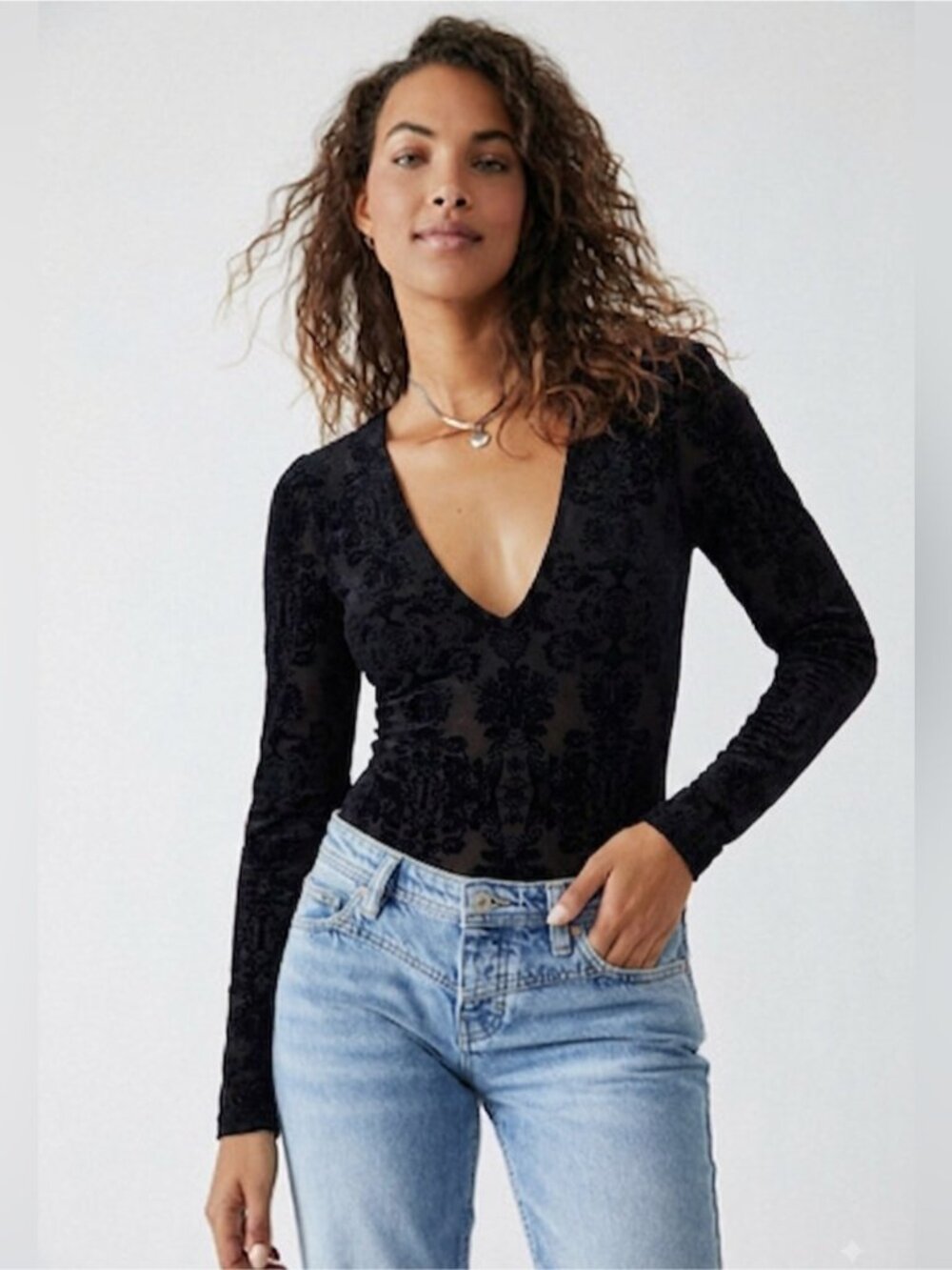 NEW Free People Velvet Burnout Long-Sleeve Top Deep V-Neck Empire Waist mesh S